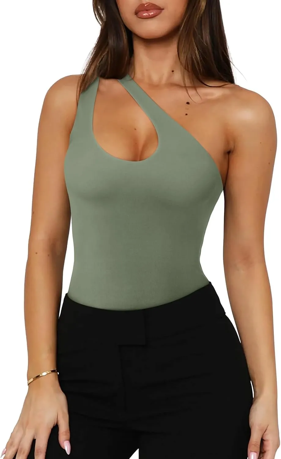 REORIA Butsmooth Women's Trendy Sexy Plunge One Shoulder Sleeveless V Backless Going Out Tank Bodysuits Tops