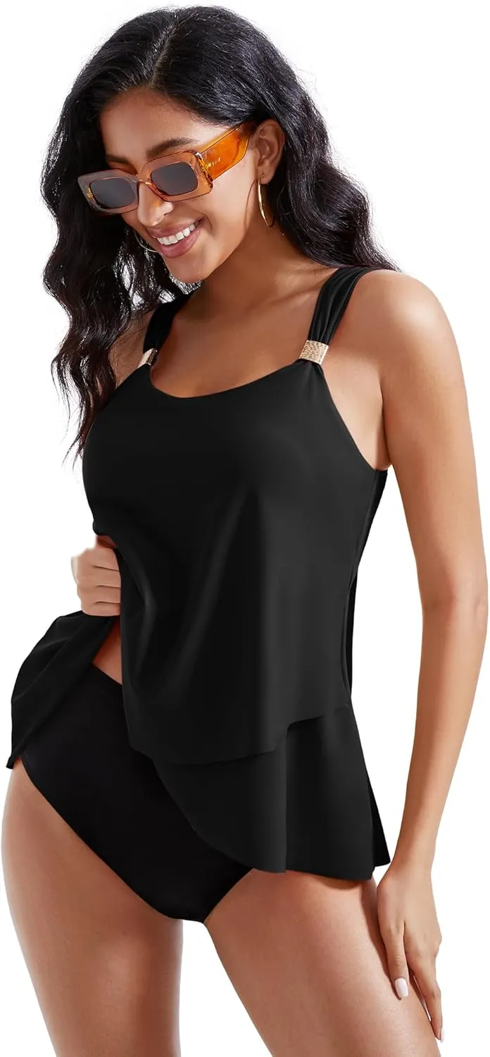 RXRXCOCO Women Tankini Bathing Suits Ruffle High Waisted Swimsuit Tummy Control Swimwear