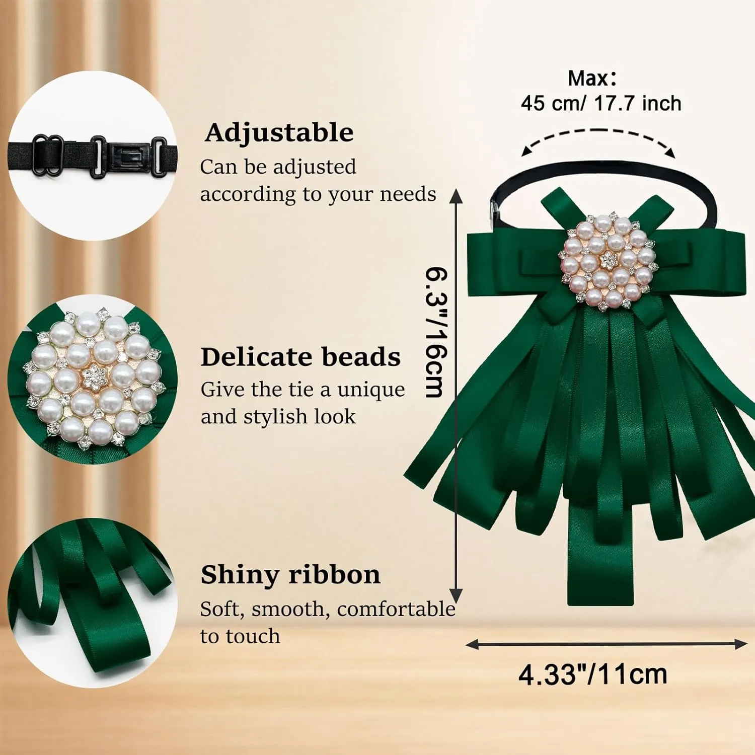 Satin Ribbon Bow Tie for Women, Pre-tied Womens Bowknot with Pearl