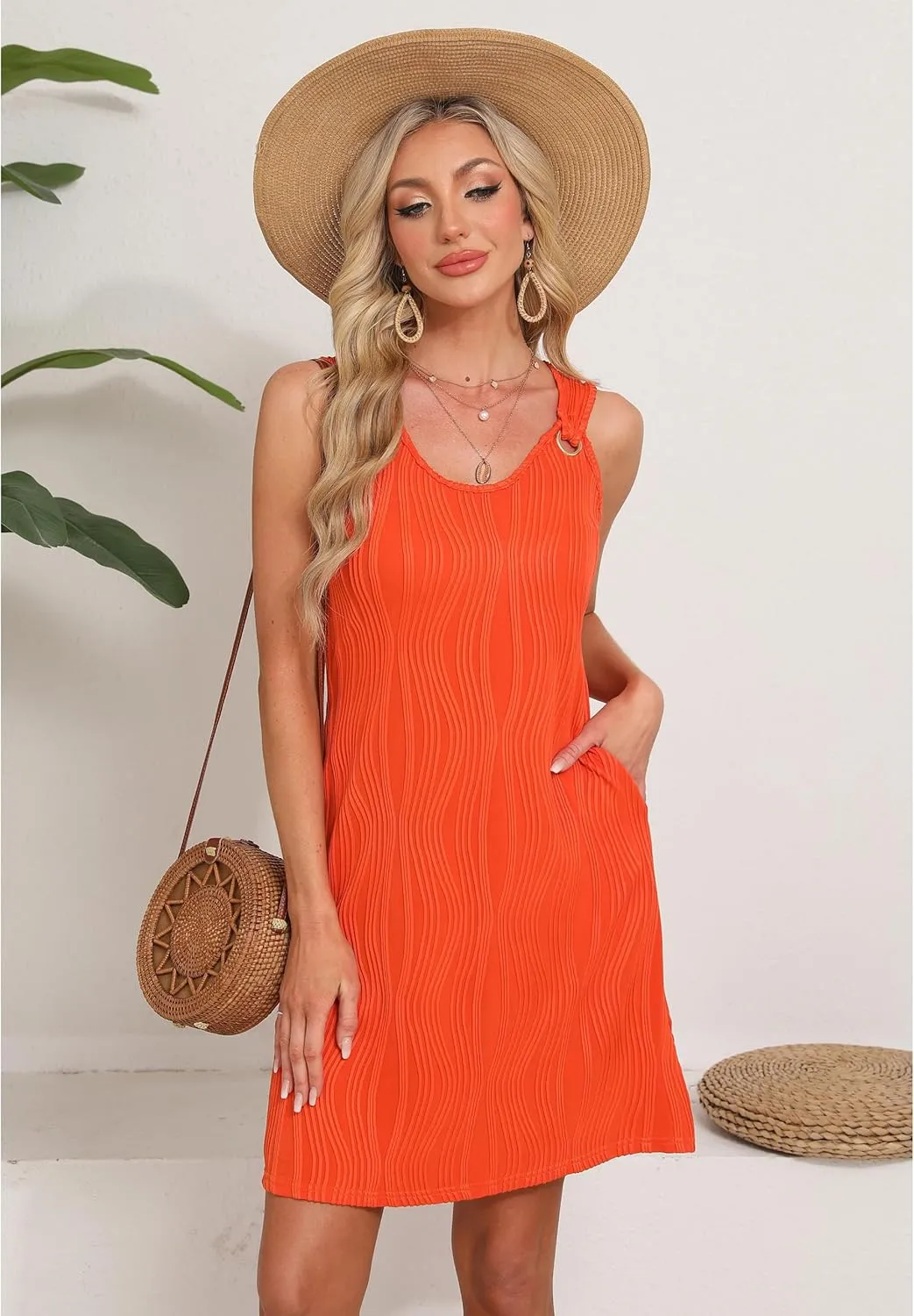 Sherosa Casual Summer Sleeveless V Neck Sundress Loose Beach Swimsuit Cover Up Floral Mini Dress with PocketsS-XXL