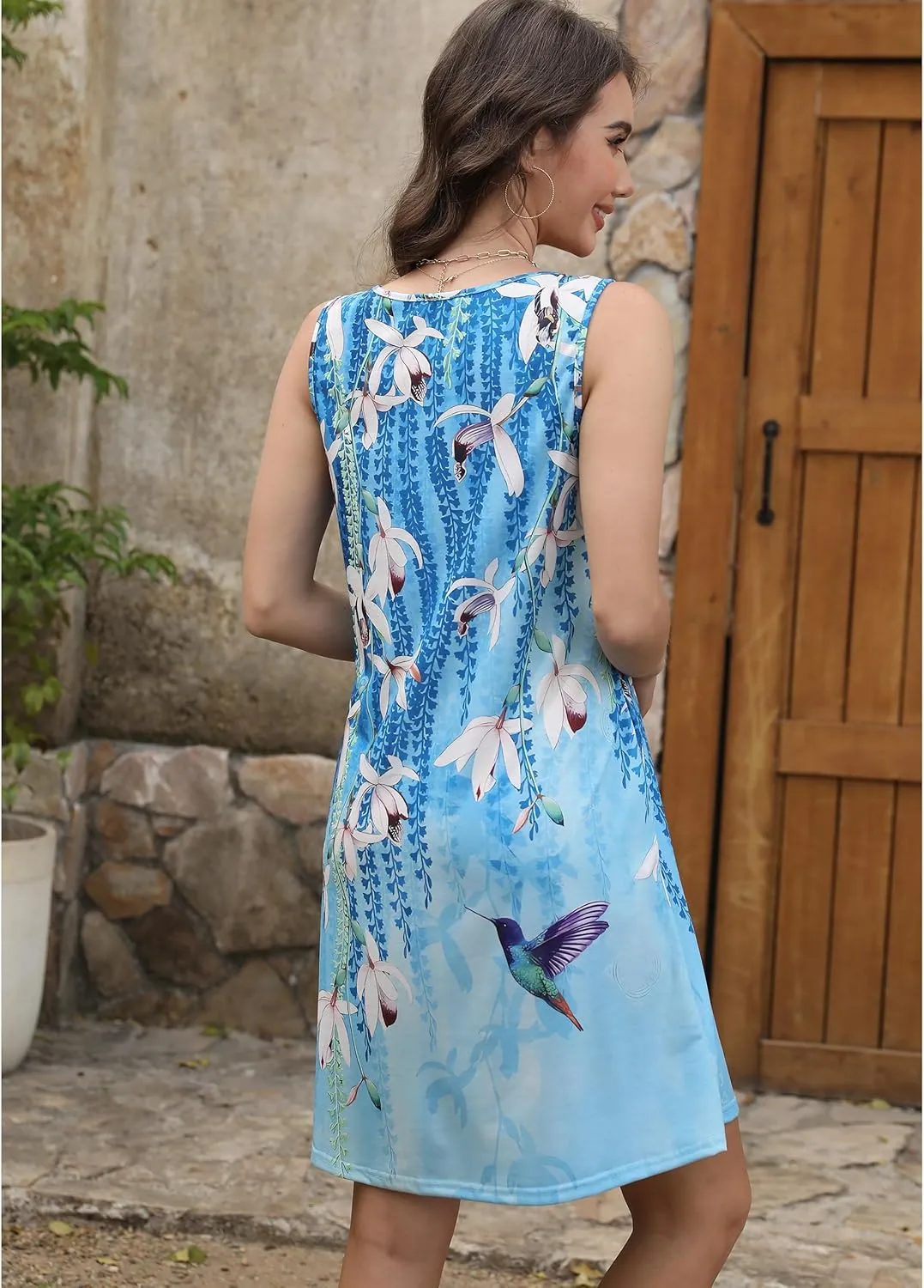 Sherosa Casual Summer Sleeveless V Neck Sundress Loose Beach Swimsuit Cover Up Floral Mini Dress with PocketsS-XXL