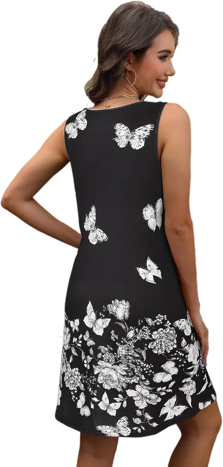 Sherosa Casual Summer Sleeveless V Neck Sundress Loose Beach Swimsuit Cover Up Floral Mini Dress with PocketsS-XXL