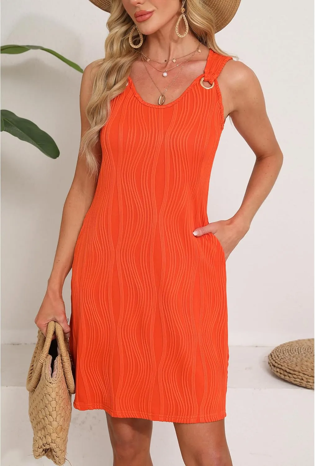Sherosa Casual Summer Sleeveless V Neck Sundress Loose Beach Swimsuit Cover Up Floral Mini Dress with PocketsS-XXL
