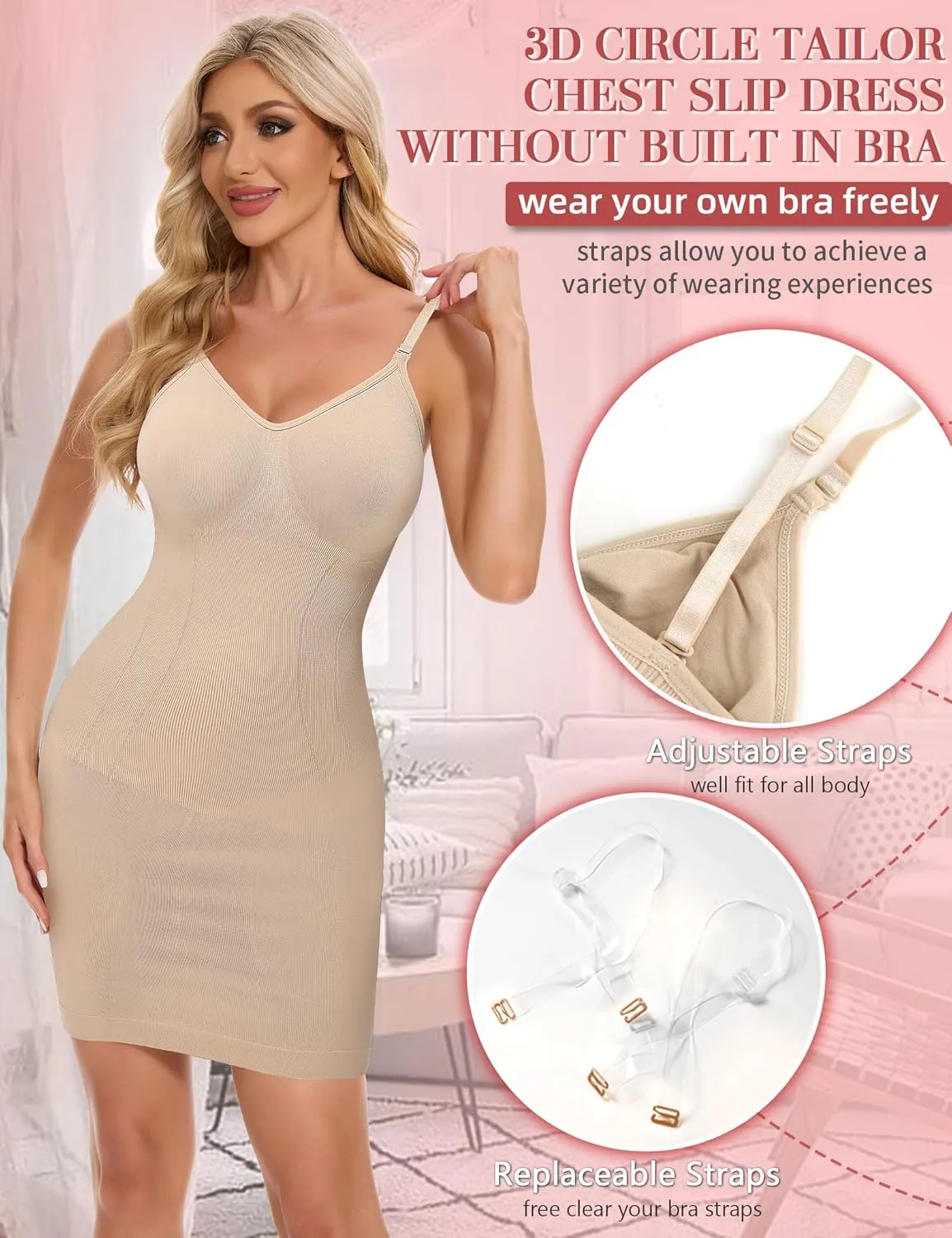 SLIMBELLE Shapewear Dress Slip For Under Dresses Women Tummy Control Adjustable Strap V Neck Full Slip Seamless Shaper