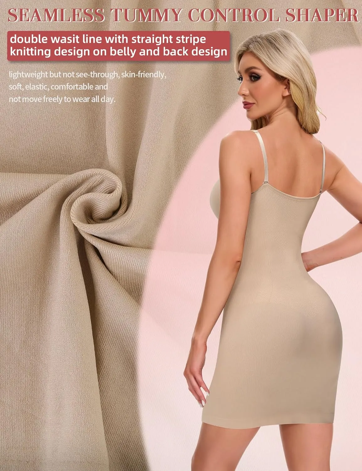 SLIMBELLE Shapewear Dress Slip For Under Dresses Women Tummy Control Adjustable Strap V Neck Full Slip Seamless Shaper