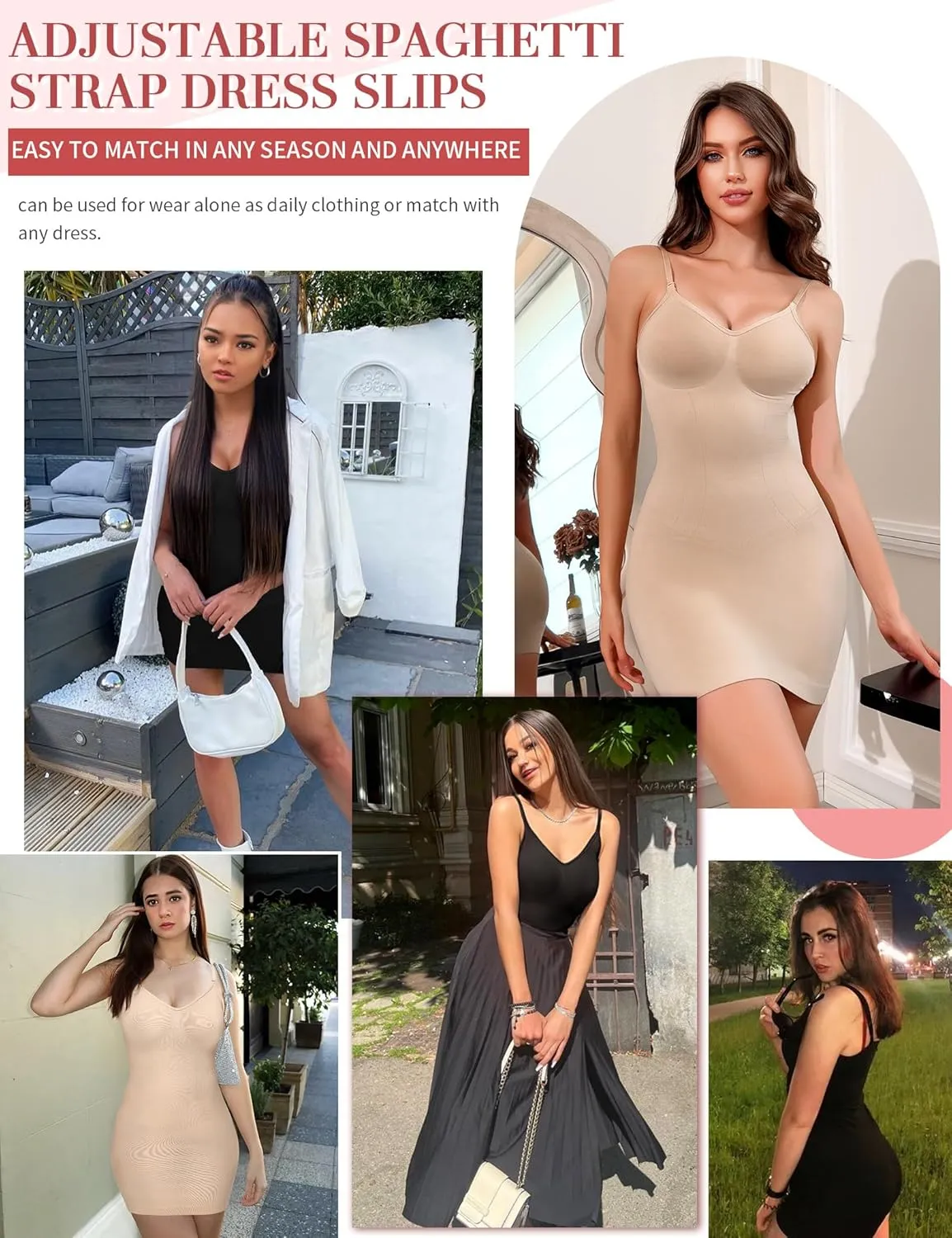 SLIMBELLE Shapewear Dress Slip For Under Dresses Women Tummy Control Adjustable Strap V Neck Full Slip Seamless Shaper
