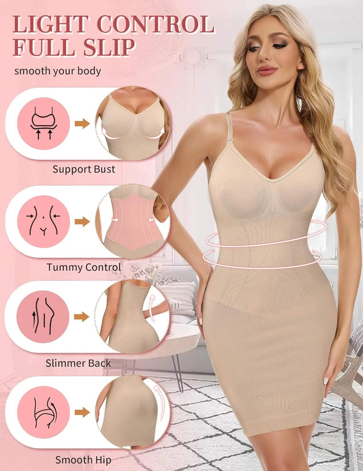 SLIMBELLE Shapewear Dress Slip For Under Dresses Women Tummy Control Adjustable Strap V Neck Full Slip Seamless Shaper