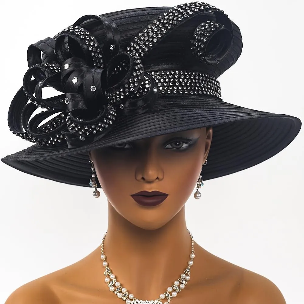 Women Satin Dress Church Derby Hats w/Rhinestones - Elegant Headwear for Special Occasions