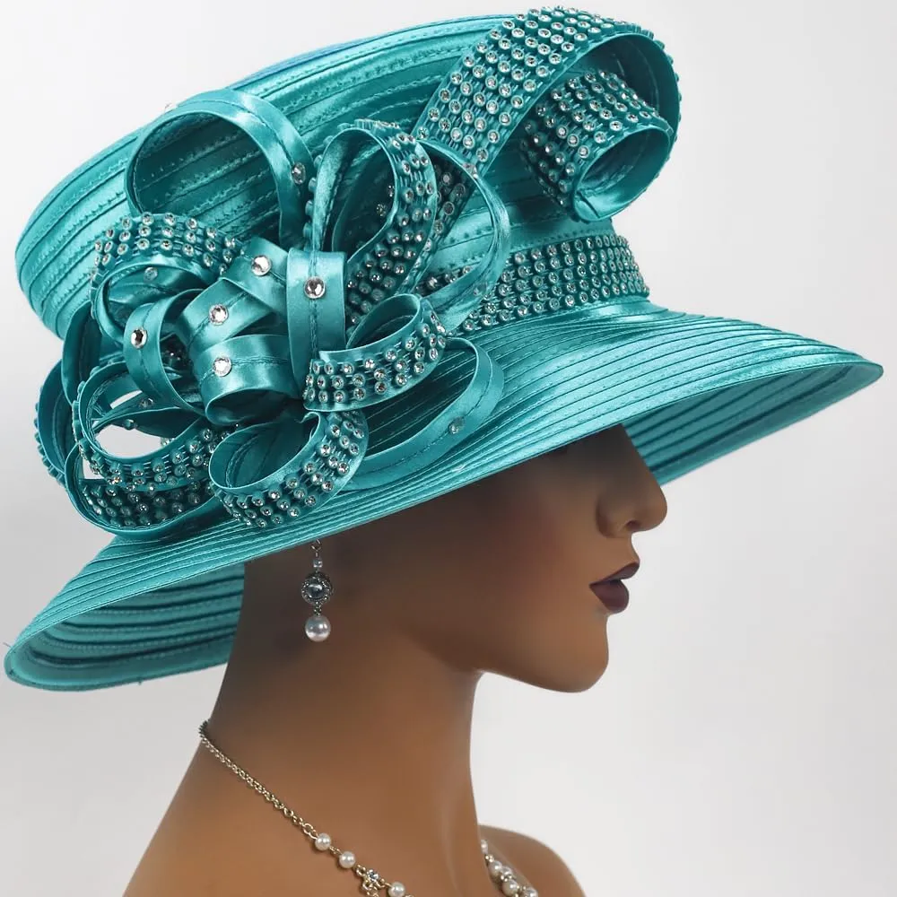 Women Satin Dress Church Derby Hats w/Rhinestones - Elegant Headwear for Special Occasions