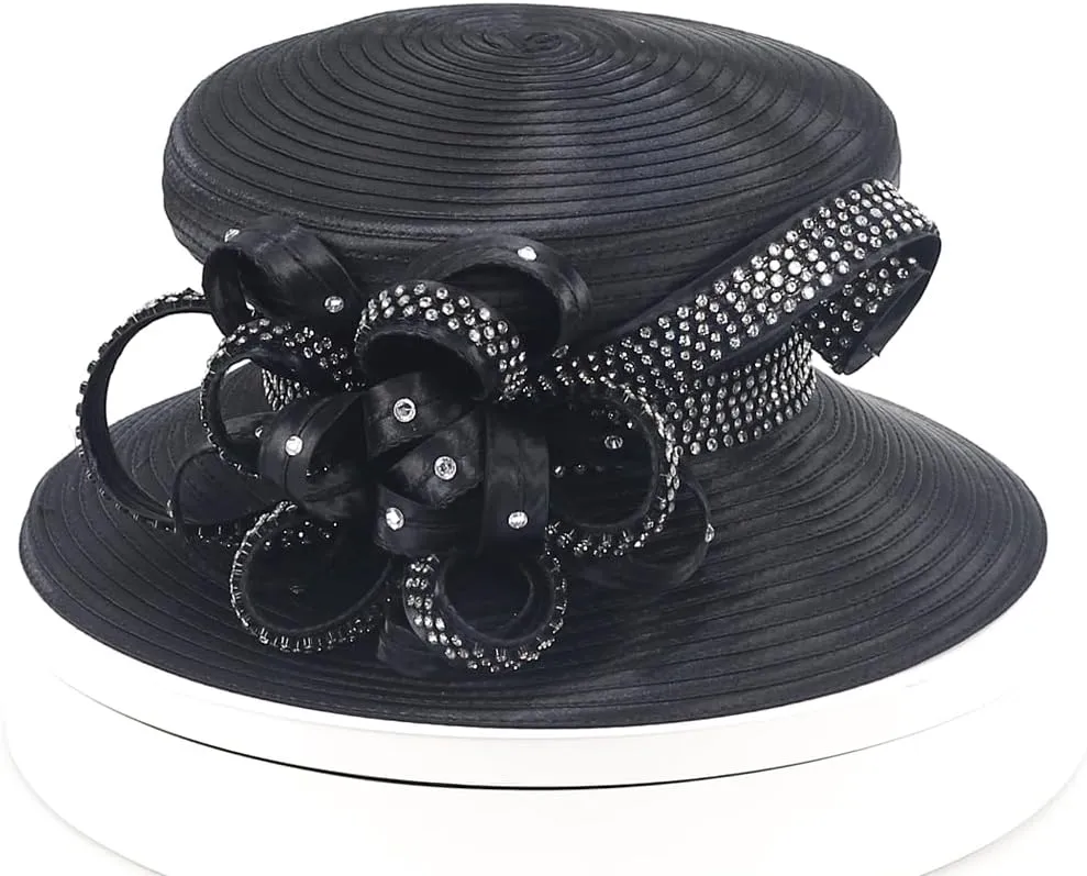 Women Satin Dress Church Derby Hats w/Rhinestones - Elegant Headwear for Special Occasions