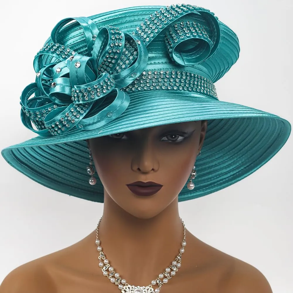 Women Satin Dress Church Derby Hats w/Rhinestones - Elegant Headwear for Special Occasions