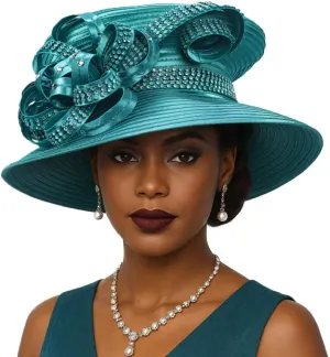 Women Satin Dress Church Derby Hats w/Rhinestones - Elegant Headwear for Special Occasions
