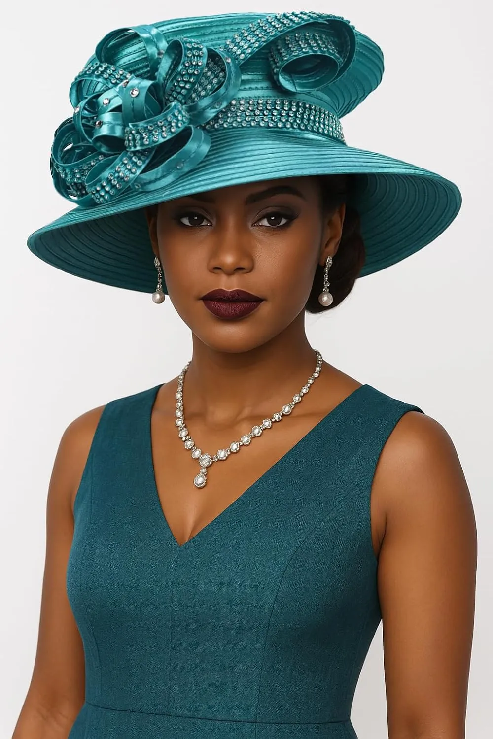 Women Satin Dress Church Derby Hats w/Rhinestones - Elegant Headwear for Special Occasions