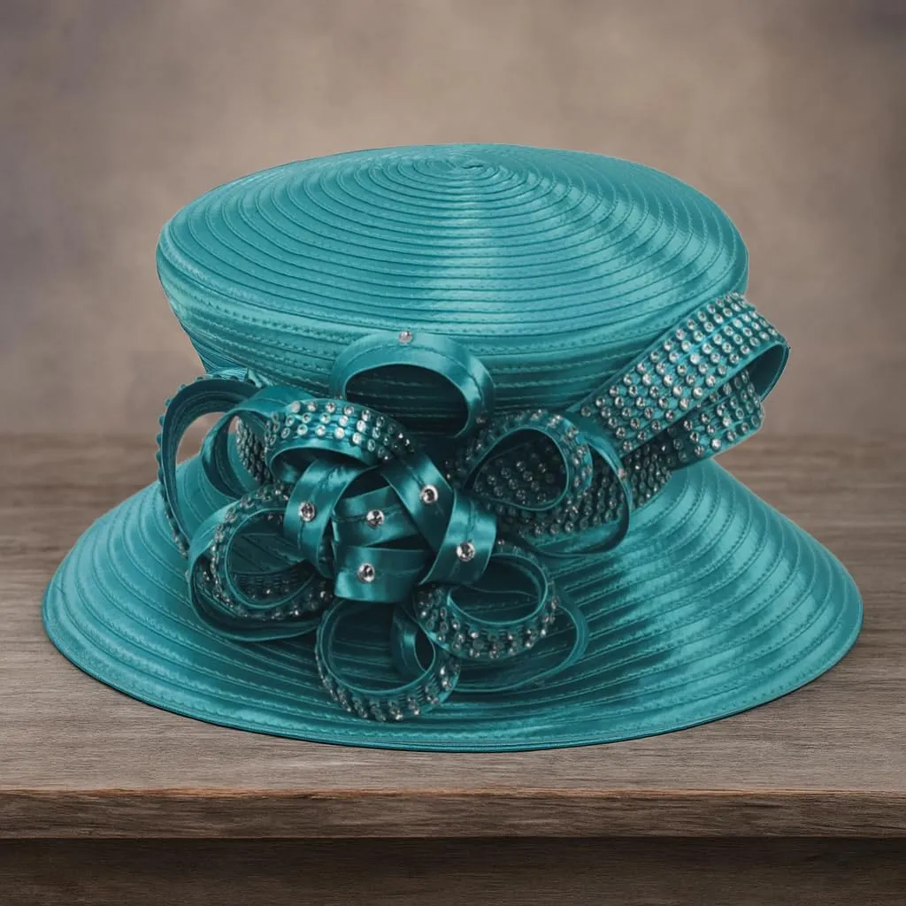 Women Satin Dress Church Derby Hats w/Rhinestones - Elegant Headwear for Special Occasions