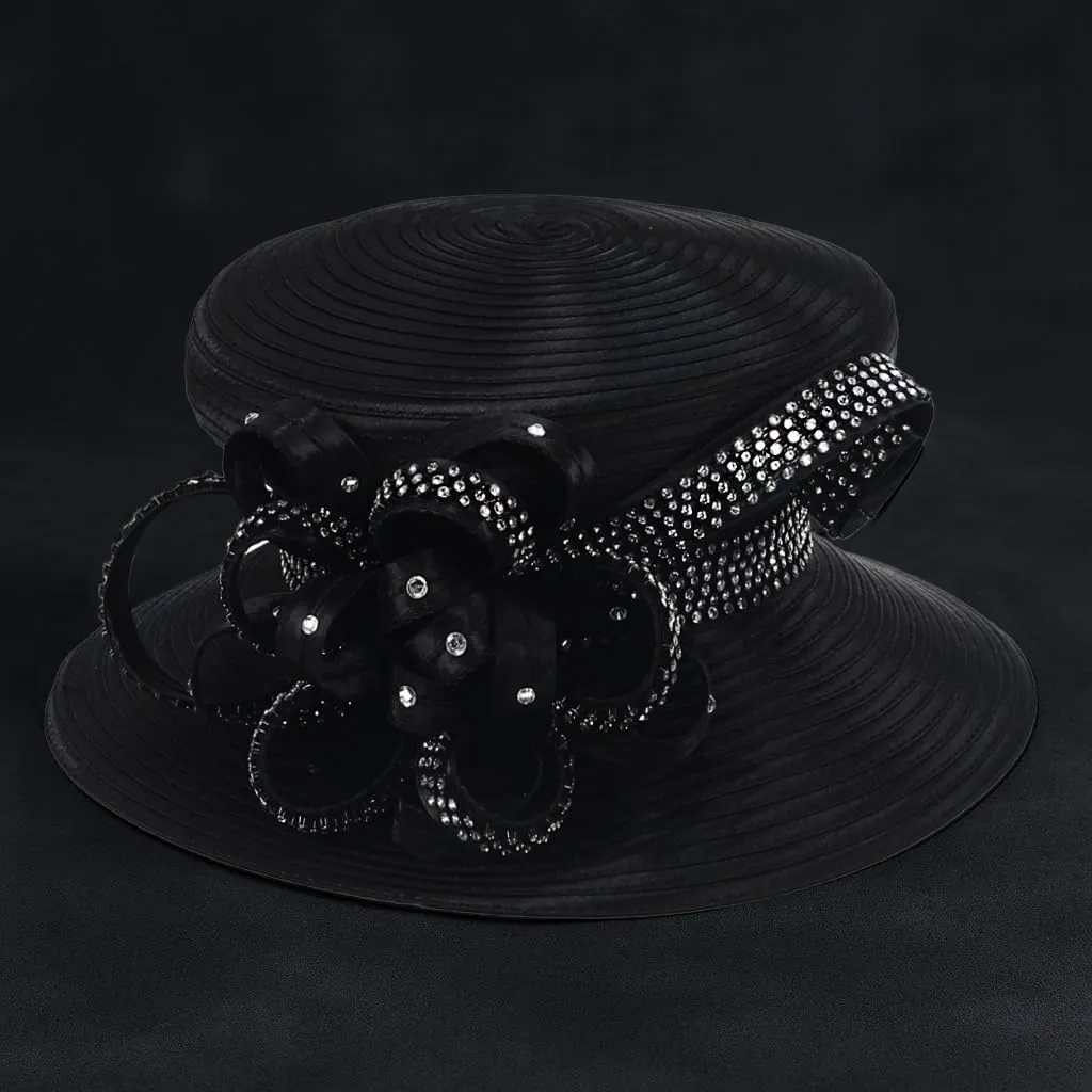 Women Satin Dress Church Derby Hats w/Rhinestones - Elegant Headwear for Special Occasions