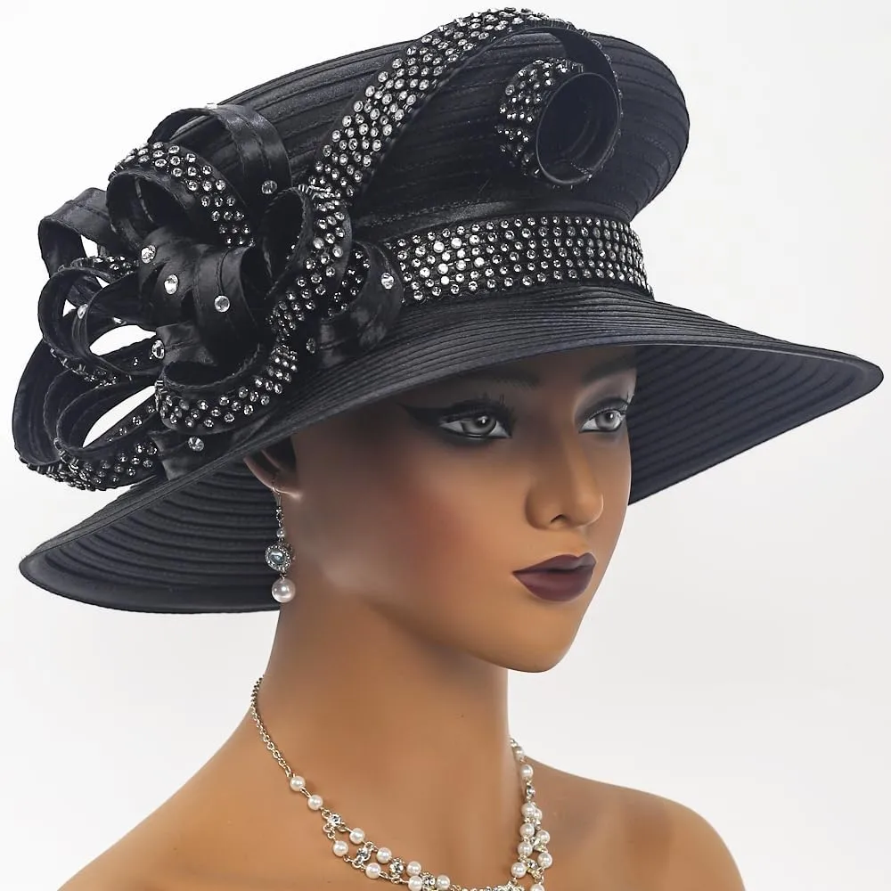 Women Satin Dress Church Derby Hats w/Rhinestones - Elegant Headwear for Special Occasions
