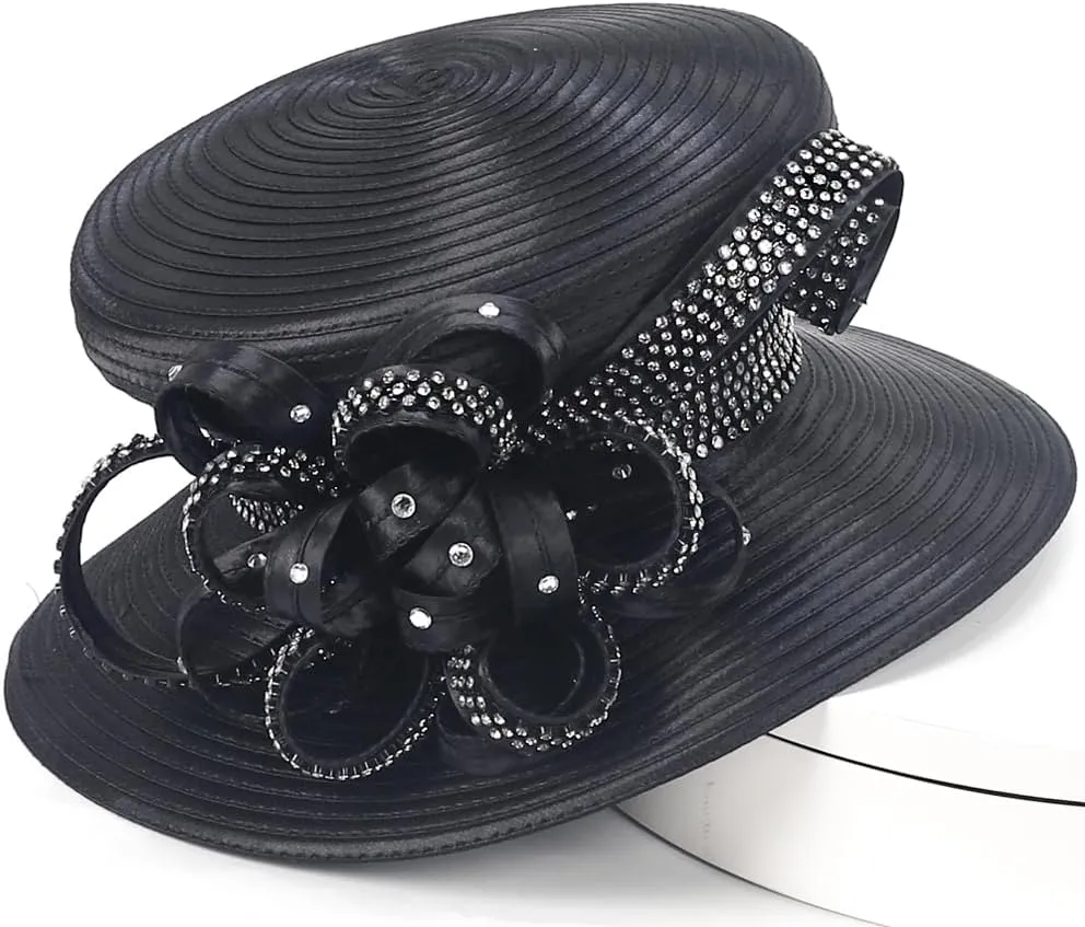 Women Satin Dress Church Derby Hats w/Rhinestones - Elegant Headwear for Special Occasions