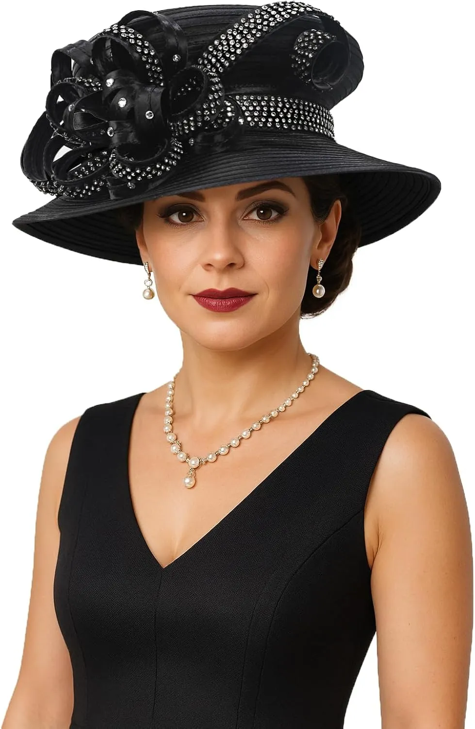 Women Satin Dress Church Derby Hats w/Rhinestones - Elegant Headwear for Special Occasions