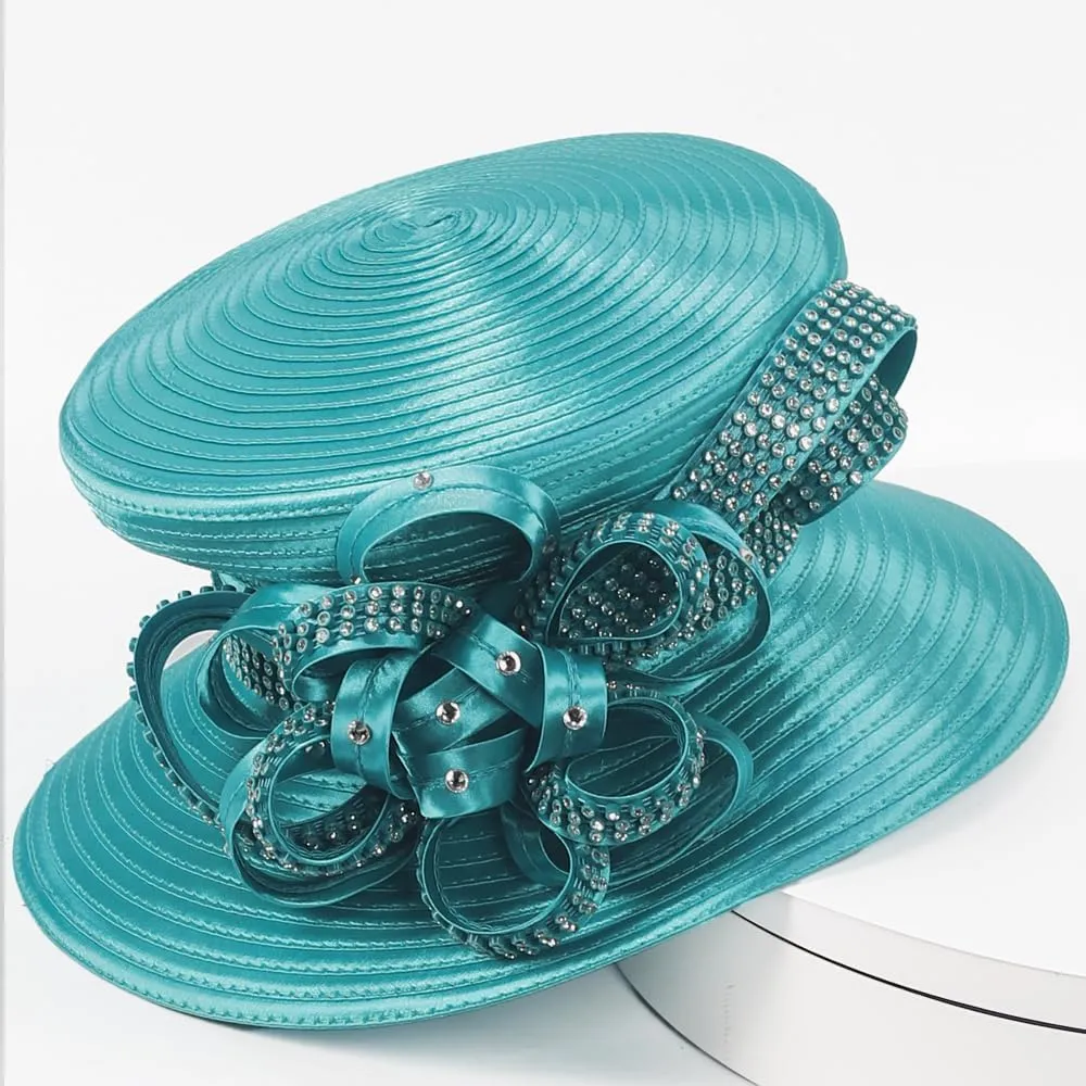 Women Satin Dress Church Derby Hats w/Rhinestones - Elegant Headwear for Special Occasions