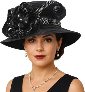 Women Satin Dress Church Derby Hats w/Rhinestones - Elegant Headwear for Special Occasions